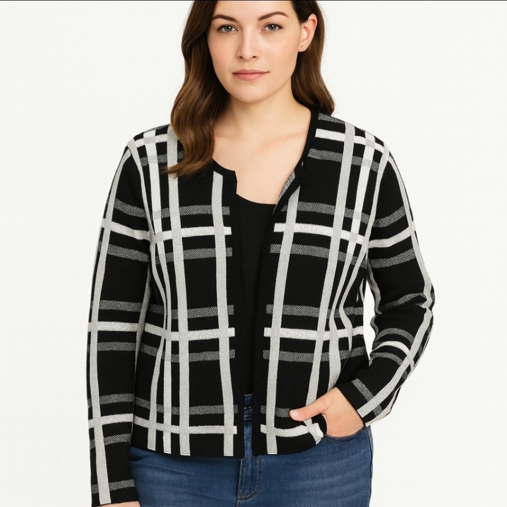 Elle Black Checkered Plaid Colorblock Cotton Blend Womens Open Cardigan Sz XL